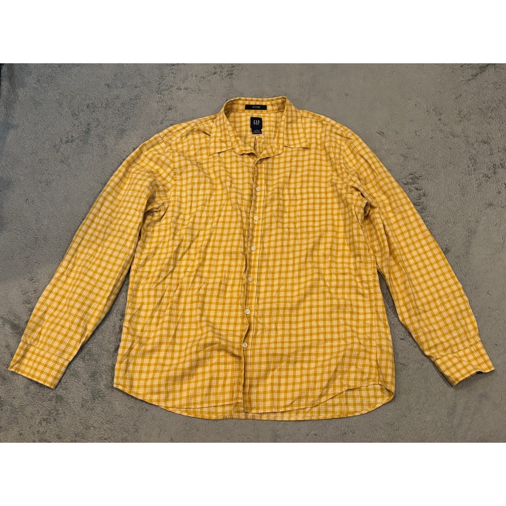 Gap Mens Fitted Plaid Button Down Shirt Yellow White Cotton XL Long Sleeve